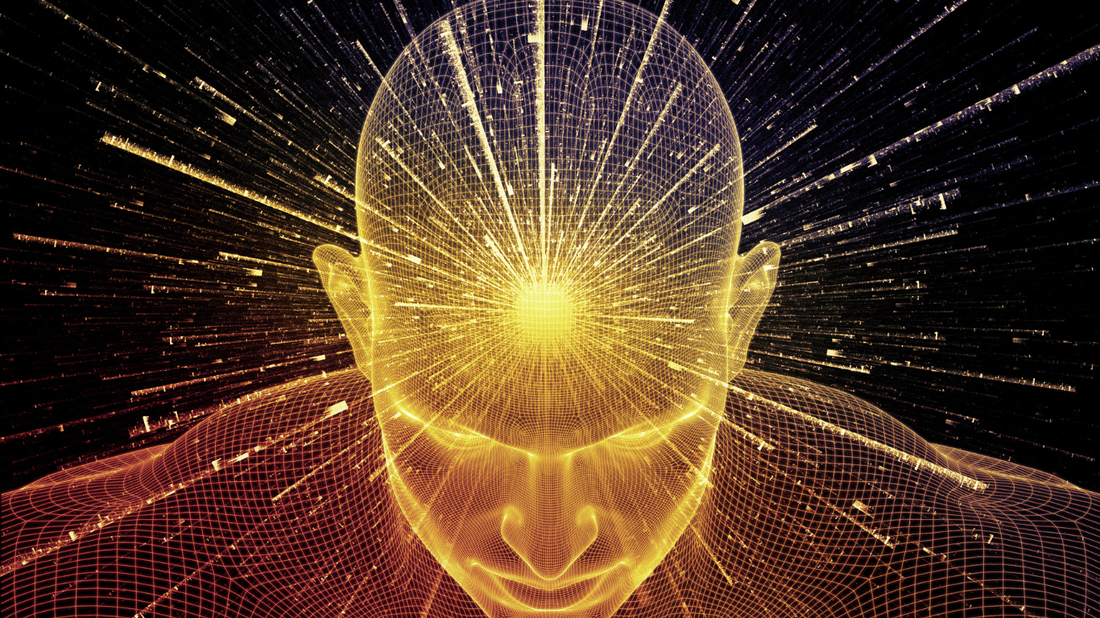 Graphic design artwork showing a man leaning forward with bolts of light coming out of his third eye. The artwork is related to the theme of exploring the potential of psychedelics, including Ibogaine, MDMA, and Psilocybin, in treating PTSD in veterans.