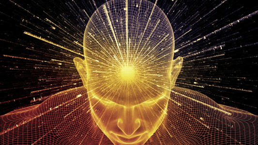 Graphic design artwork showing a man leaning forward with bolts of light coming out of his third eye. The artwork is related to the theme of exploring the potential of psychedelics, including Ibogaine, MDMA, and Psilocybin, in treating PTSD in veterans.