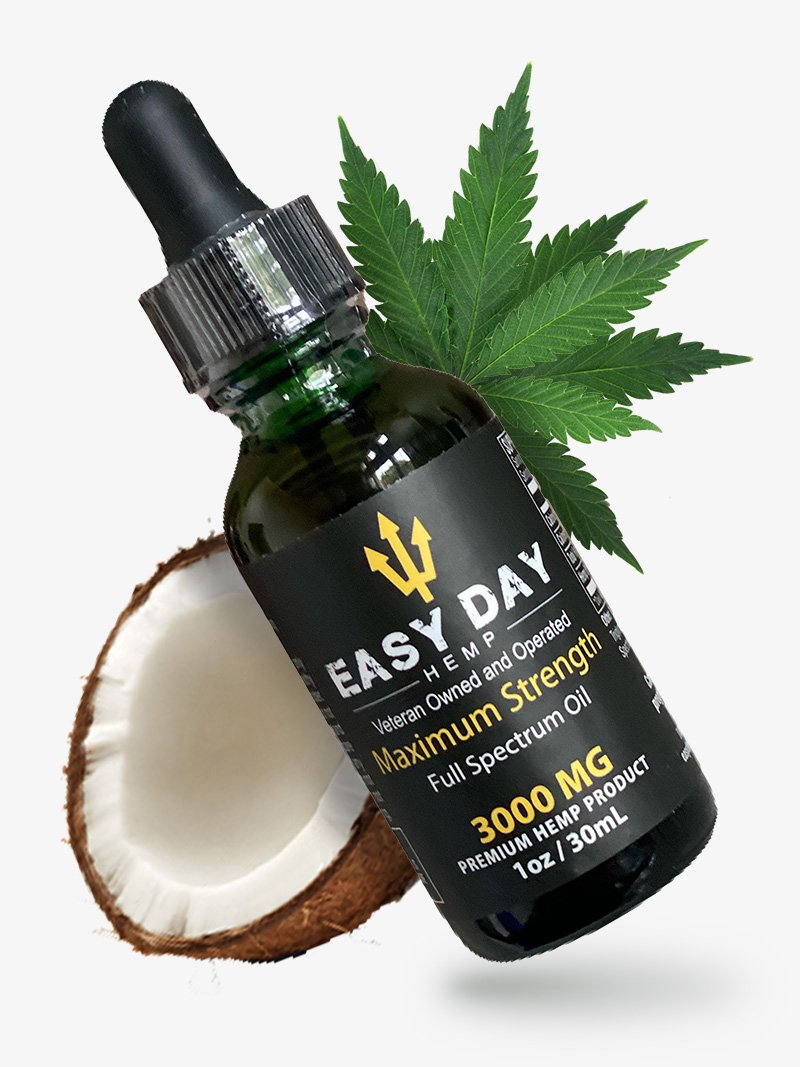 A green bottle of Maximum Strength Full Spectrum CBD Oil with a black label, and an open coconut in the background symbolizing the MCT oil in the product. This CBD oil may have potential benefits for anxiety, pain relief, and overall wellness.