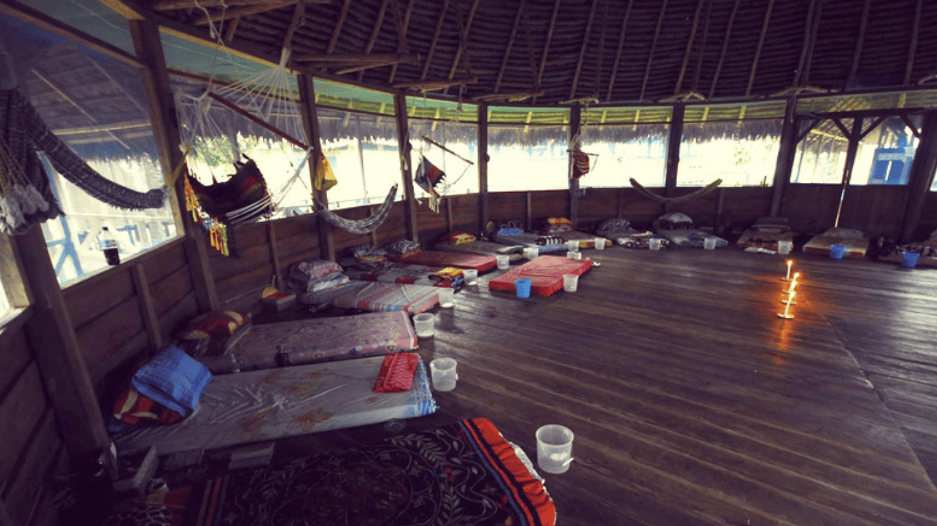 A photograph of a ceremony room for Ayahuasca, with mats in a circle on the wooden floor. The ceremony room is located in a hut in Costa Rica, with a view of the outside visible from inside. Ayahuasca is a traditional plant medicine of the Amazon, used in spiritual and healing practices.