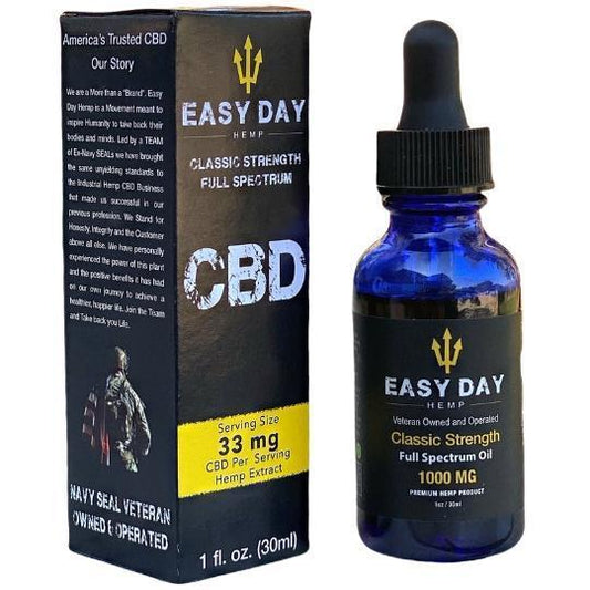 A bottle of Easy Day Hemp Classic strength 1000mg full spectrum CBD oil, with a blue bottle and black label listing the ingredients and dosage instructions. This CBD oil is great for promoting overall wellness and may have potential benefits for anxiety, pain relief, and sleep.