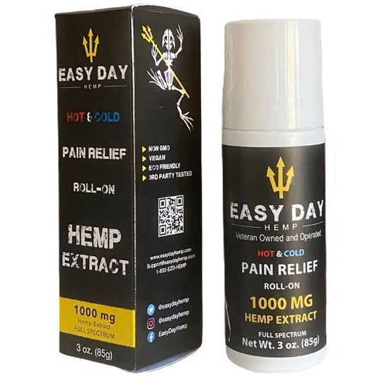 The Elite CBD Pain Roll-On, featuring a white roll-on with a black label, and a box to the left with a gold Easy Day Hemp logo. This CBD product may have potential benefits for pain relief and overall wellness.